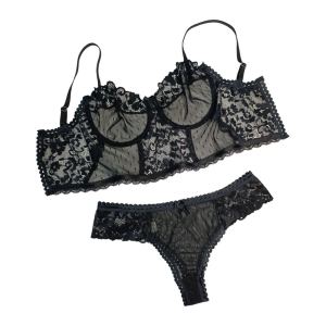 CONJUNTO ENCAJE - CORSETTE Y TANGA - NEGRO-0