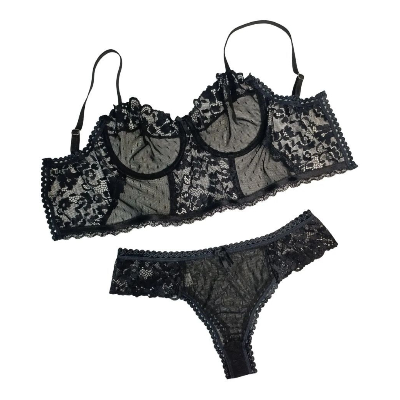 CONJUNTO ENCAJE - CORSETTE Y TANGA - NEGRO