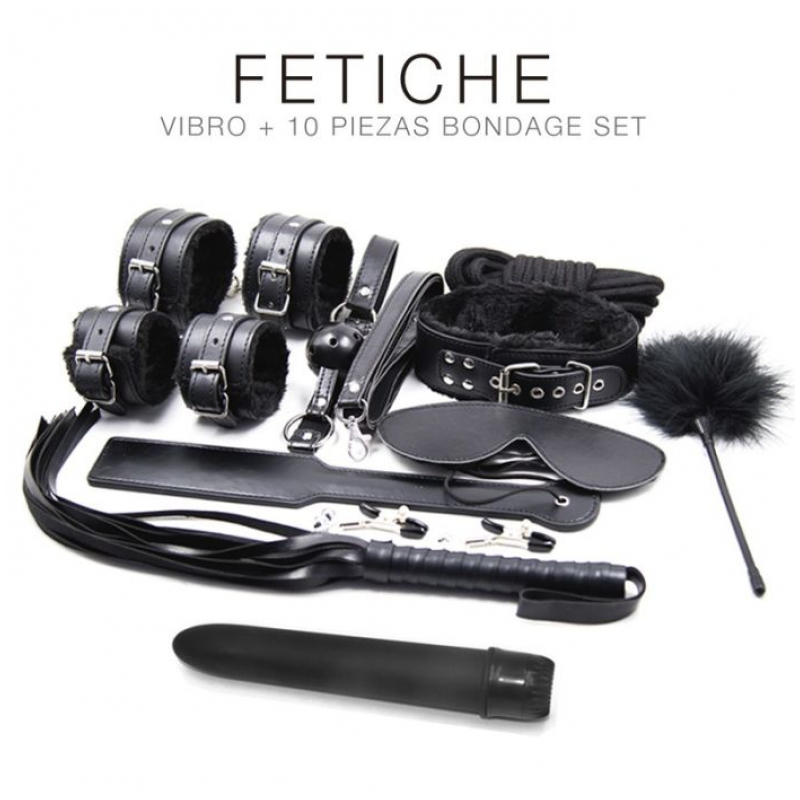 KIT VIBRO Y 10 PIEZAS BONDAGE SET NEGRO