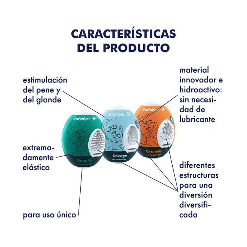 Set de 3 huevos masturbadores: Naughty, Savage, Crunchy