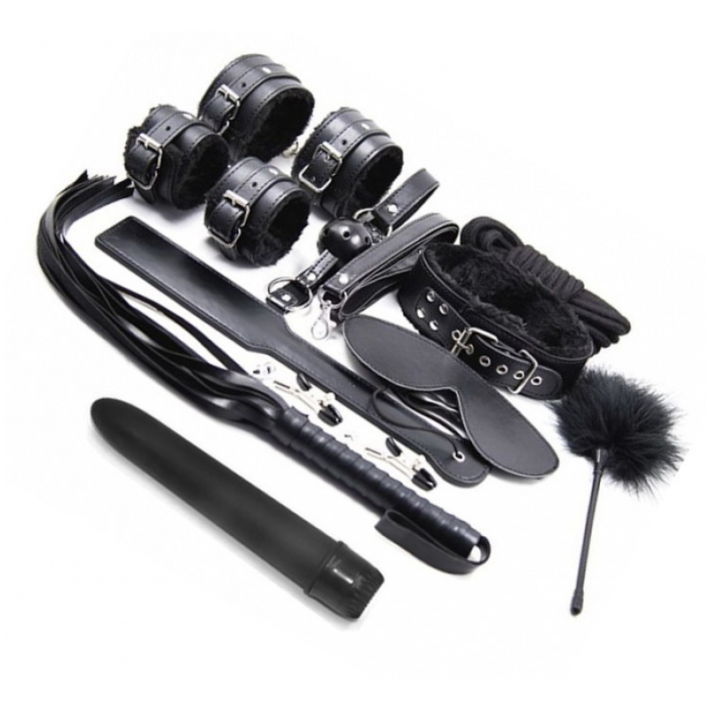 KIT VIBRO Y 10 PIEZAS BONDAGE SET NEGRO